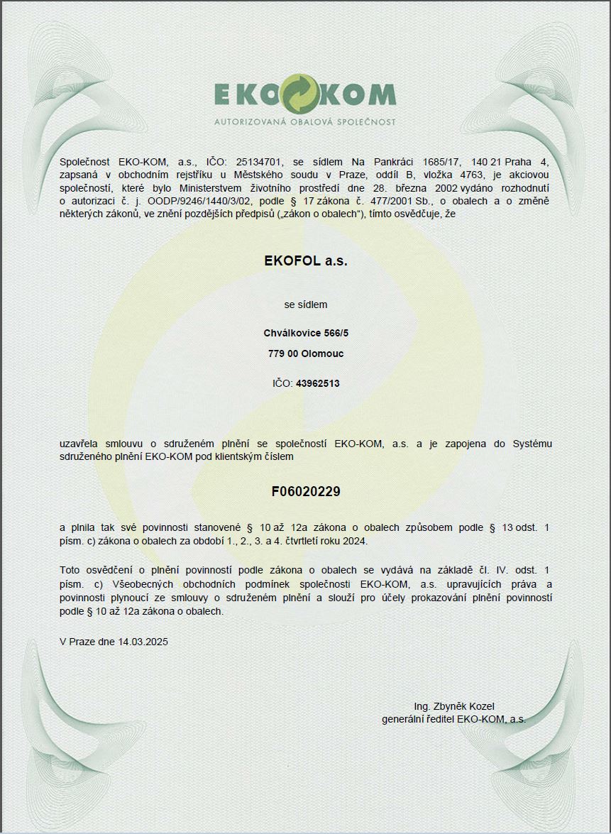 EKOKOM-2024 certifikát o zapojení do Systému sdruženého plnění EKO-KOM