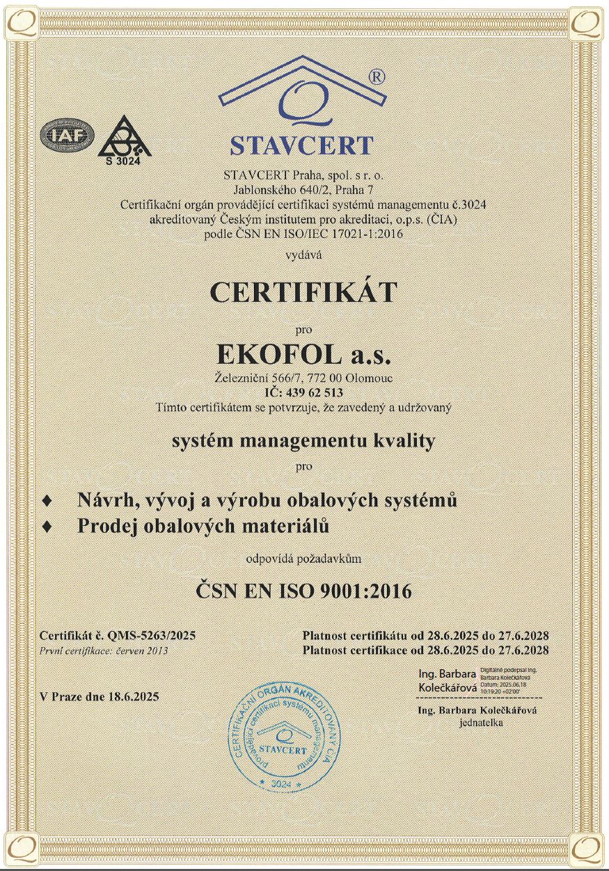 QMS-5263-2025 EKOFOL certifikát ISO